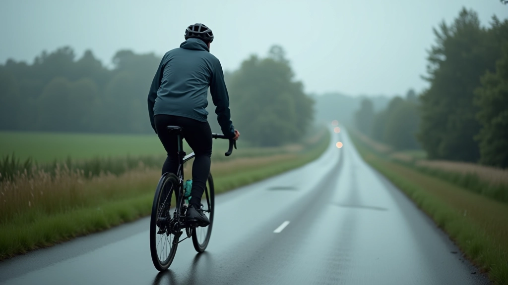 Velobraucējs ar virsrakstu un pārkariņu, braucot lietus laikā caur lauku