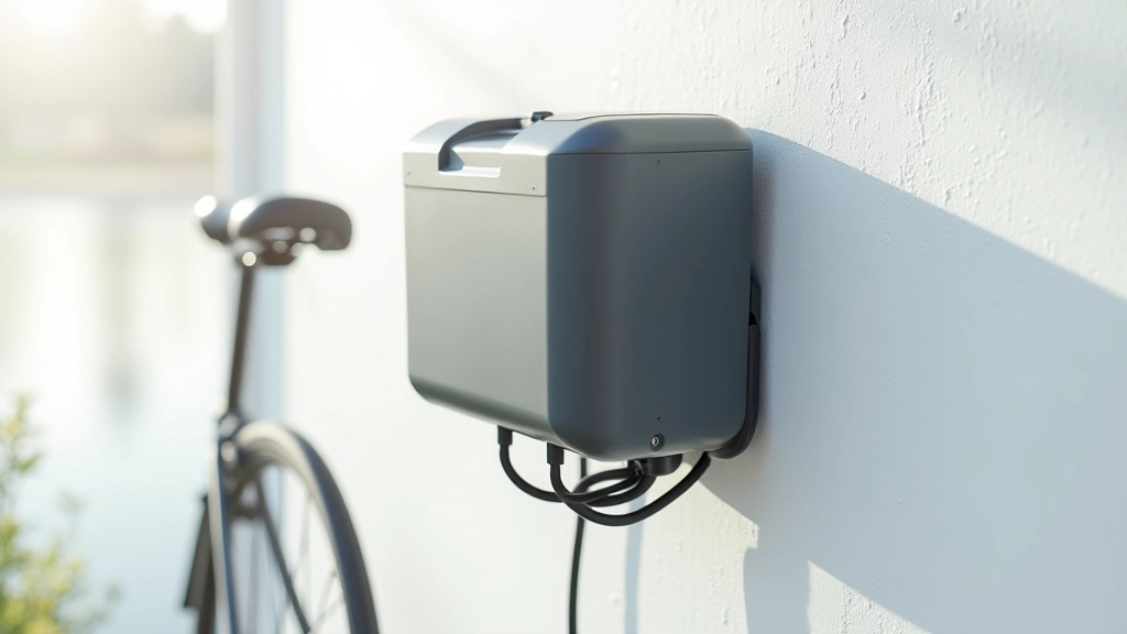 E-velosipēda baterija piekarināta sienai ar uzlādes iekārtu